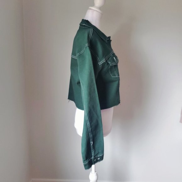 GOGO JEANS Trendy Frayed Cropped Denim Jacket Forest Green White Stitch Cut-off - Picture 4 of 8